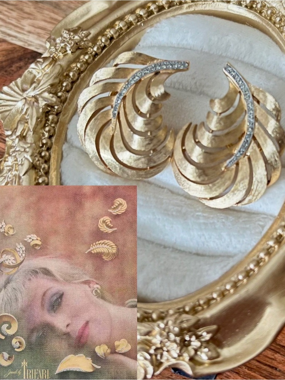 Vintage Signed Crown Trifari Model Ad Piece Rhinestone Feather Clip Earrings
